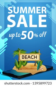 Summer sale, discount vertical banner with a smartphone, which got out of coconut palms and bamboo sign with the inscription "beach"