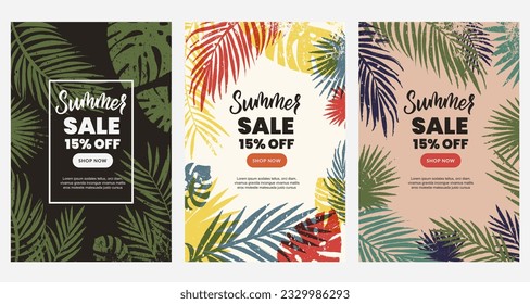 Summer sale discount vertical poster layout set. Watercolor hand drawn tropical palm leaves frame. Banner flyer design template. Vector colorful illustration