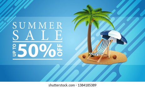 Summer sale, discount web banner for your site in a modern style with palm tree, beach chair and beach umbrella
