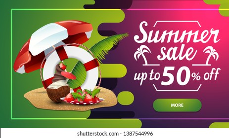 Summer sale, discount web banner for your site in a modern style with button, beautiful lettering and coconut ice cream cocktail, beach umbrella, fruit, palm leaves and lifeline
