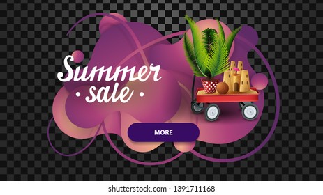 Summer sale, discount web banner in the form of lava lamp with garden cart with sand, sand castle and potted palm