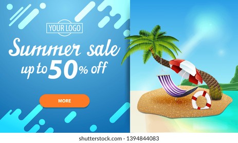 Summer sale, discount web banner for your website with beautiful seascape, modern design, palm tree, hammock and beach umbrella
