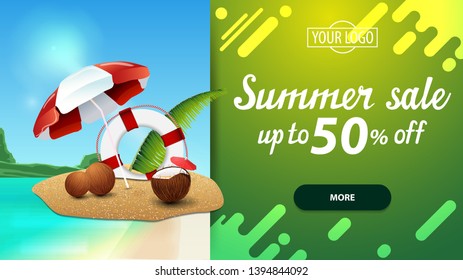 Summer sale, discount web banner for your website with beautiful seascape, modern design, coconut cocktail, beach umbrella and lifeline