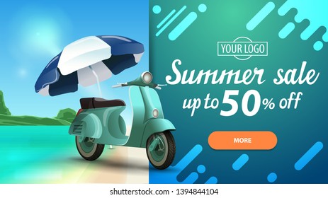 Summer sale, discount web banner for your website with beautiful seascape, modern design and scooter with a beach umbrella