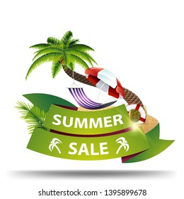 Summer sale, discount web banner in the form of ribbons for your business with palm tree, hammock and beach umbrella