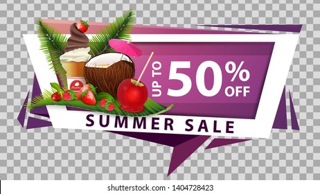Summer sale, discount web banner in geometric style with coconut cocktail, strawberry, raspberry, cherry and ice cream on palm leaf