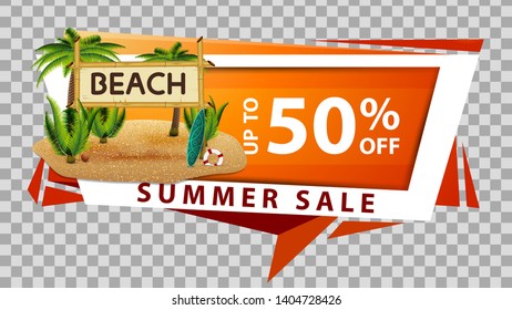 Summer sale, discount web banner in geometric style with coconut palms and bamboo sign with the inscription "beach"