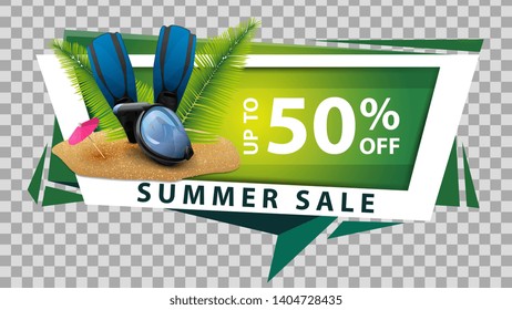 Summer sale, discount web banner in geometric style with diving mask, fins and palm leaves