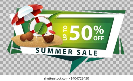 Summer sale, discount web banner in geometric style with coconut cocktail, beach umbrella and lifeline