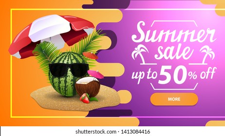 Summer sale, discount web banner for your site in a modern style with button, beautiful lettering and watermelon in glasses under a beach umbrella