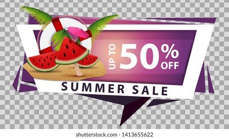 Summer sale, discount web banner in geometric style with watermelon slices, palm leaves and lifeline