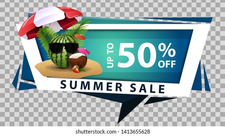 Summer sale, discount web banner in geometric style with watermelon in glasses under a beach umbrella