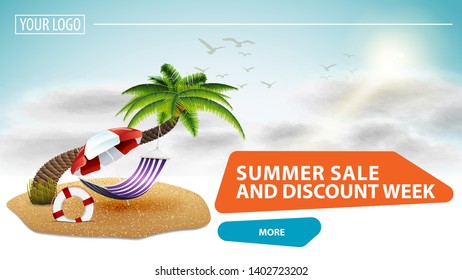 Summer sale and discount week, clickable web banner for your website with a beautiful cloud background, palm tree, hammock and beach umbrella