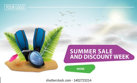 Summer sale and discount week, clickable web banner for your website with a beautiful cloud background, diving mask, fins and palm leaves