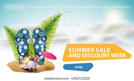 Summer sale and discount week, clickable web banner for your website with a beautiful cloud background, flip flops, pearl and palm leaves