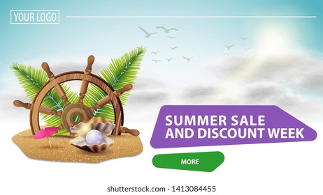 Summer sale and discount week, clickable web banner for your website with a beautiful cloud background, steering wheel of the ship in the sand, palm leaves and pearl