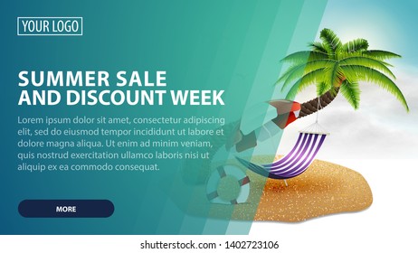 Summer sale and discount week, creative green discount web banner for your arts with palm tree, hammock and beach umbrella