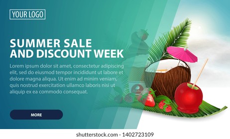 Summer sale and discount week, creative green discount web banner for your arts with coconut cocktail, strawberry, raspberry, cherry and ice cream on palm leaf