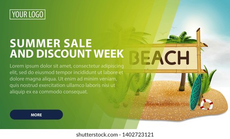 Summer sale and discount week, creative green discount web banner for your arts with coconut palms and bamboo sign with the inscription "beach"