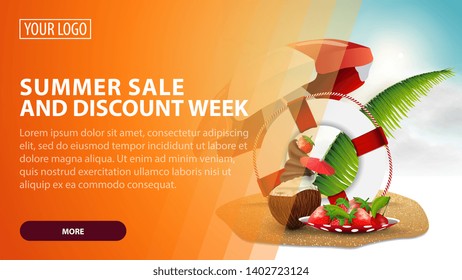 Summer sale and discount week, creative orange discount web banner for your arts with coconut ice cream cocktail, beach umbrella, fruit, palm leaves and lifeline