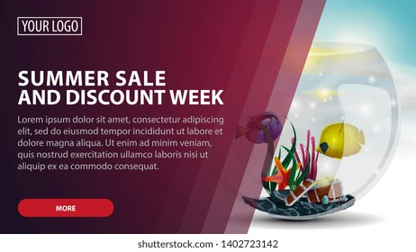 Summer sale and discount week, creative pink discount web banner for your arts with round aquarium with fish