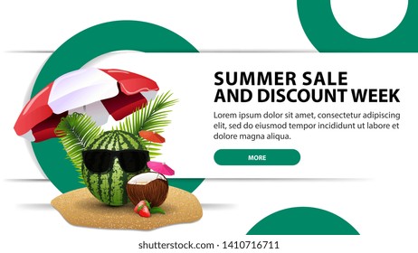 Summer sale and discount week, creative white web banner with watermelon in glasses under a beach umbrella