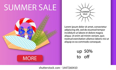 Summer sale and discount week, creative web banner for your design with palm leaves, lifebuoy, slippers and surfboard.