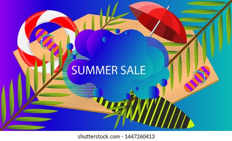 Summer sale and discount week, creative web banner for your design with palm leaves, lifebuoy, slippers, beach umbrella, fluid badge and surfboard.