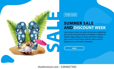 Summer sale and discount week, horizontal discount banner for your website with modern design, flip flops, pearl and palm leaves