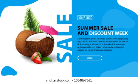 Summer sale and discount week, horizontal discount banner for your website with modern design and strawberry cocktail in coconut