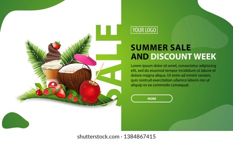 Summer sale and discount week, horizontal discount banner for your website with modern design, coconut cocktail, strawberry, raspberry, cherry and ice cream on palm leaf