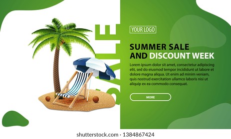 Summer sale and discount week, horizontal discount banner for your website with modern design, palm tree, beach chair and beach umbrella