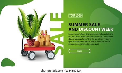 Summer sale and discount week, horizontal discount banner for your website with modern design, garden cart with sand, sand castle and potted palm