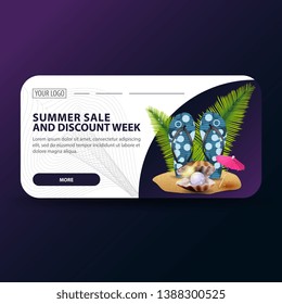 Summer sale and discount week, horizontal banner with modern design, flip flops, pearl and palm leaves