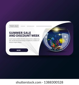Summer sale and discount week, horizontal banner with modern design and round aquarium with fish