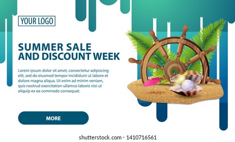 Summer sale and discount week, horizontal web banner with steering wheel of the ship in the sand, palm leaves and pearl