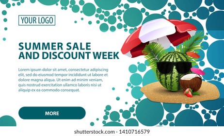 Summer sale and discount week, horizontal web banner with the texture of the circle and watermelon in glasses under a beach umbrella