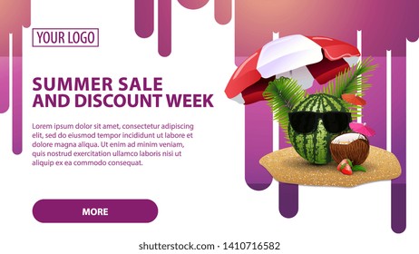 Summer sale and discount week, horizontal web banner with watermelon in glasses under a beach umbrella