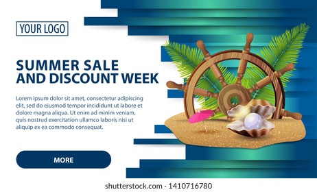 Summer sale and discount week, horizontal web banner with texture of three-dimensional lines, steering wheel of the ship in the sand, palm leaves and pearl