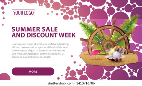 Summer sale and discount week, horizontal web banner with the texture of the circle, steering wheel of the ship in the sand, palm leaves and pearl