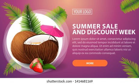 Summer sale and discount week, horizontal discount banner for your website with strawberry cocktail in coconut