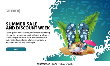 Summer sale and discount week, modern web banner for your website with flip flops, pearl and palm leaves