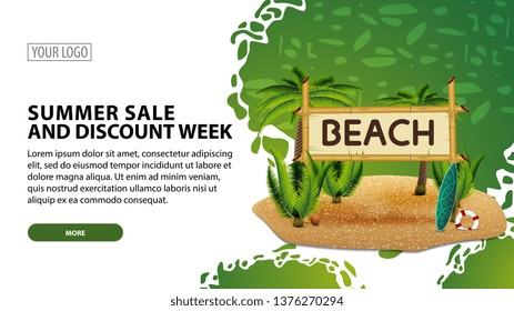 Summer sale and discount week, modern web banner for your website with coconut palms and bamboo sign with the inscription "beach"