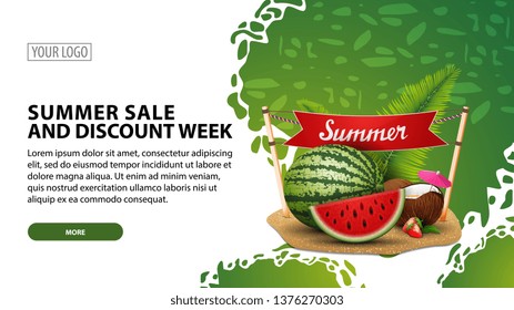 Summer sale and discount week, modern web banner for your website with watermelon, coconut cocktail in coconut, sign with the inscription "summer"