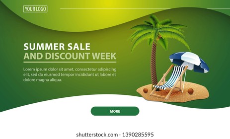 Summer sale and discount week, modern discount web banner for the site with palm tree, beach chair and beach umbrella