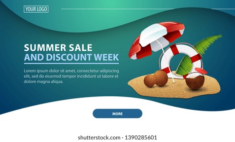 Summer sale and discount week, modern discount web banner for the site with coconut cocktail, beach umbrella and lifeline