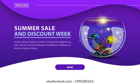 Summer sale and discount week, modern discount web banner for the site with round aquarium with fish