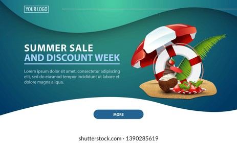 Summer sale and discount week, modern discount web banner for the site with coconut ice cream cocktail, beach umbrella, fruit, palm leaves and lifeline