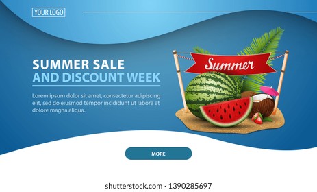 Summer sale and discount week, modern discount web banner for the site with watermelon, coconut cocktail in coconut, sign with the inscription "summer"