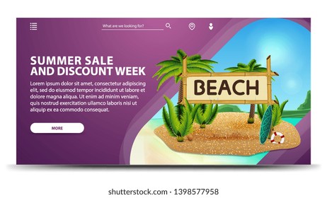 Summer sale and discount week, modern purple web banner for your website with coconut palms and bamboo sign with the inscription "beach"